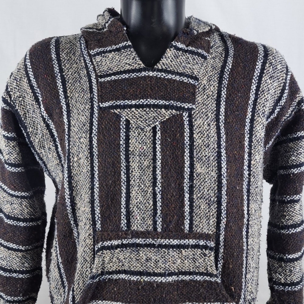 Mexican hoodie poncho woven hoodie pullover LG brown striped baja jacket